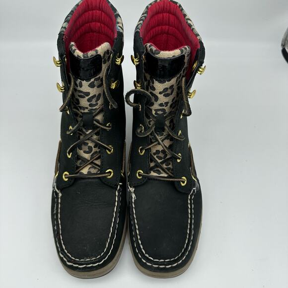 Sperry Hikerfish Leopard Print Black Leather High Top Boots Womens Size 7.5 - Picture 2 of 16